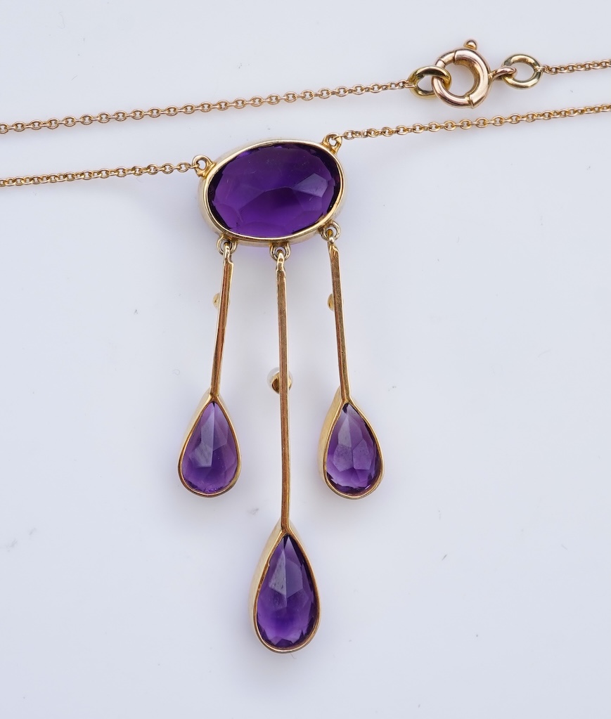 An Edwardian amethyst and seed pearl pendant, circa 1910
